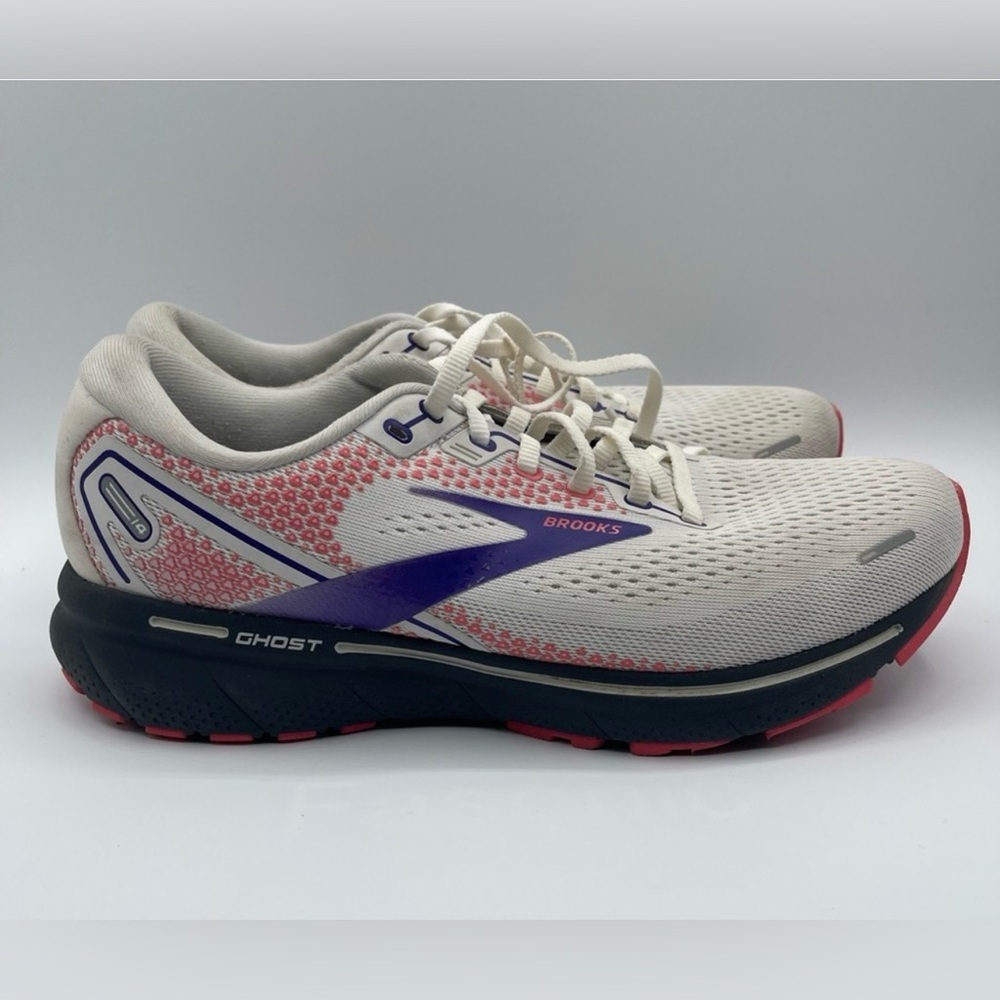 Brooks Women's Ghost 14 Neutral Running Shoe - White/Purple/Coral - Size 9.5 B